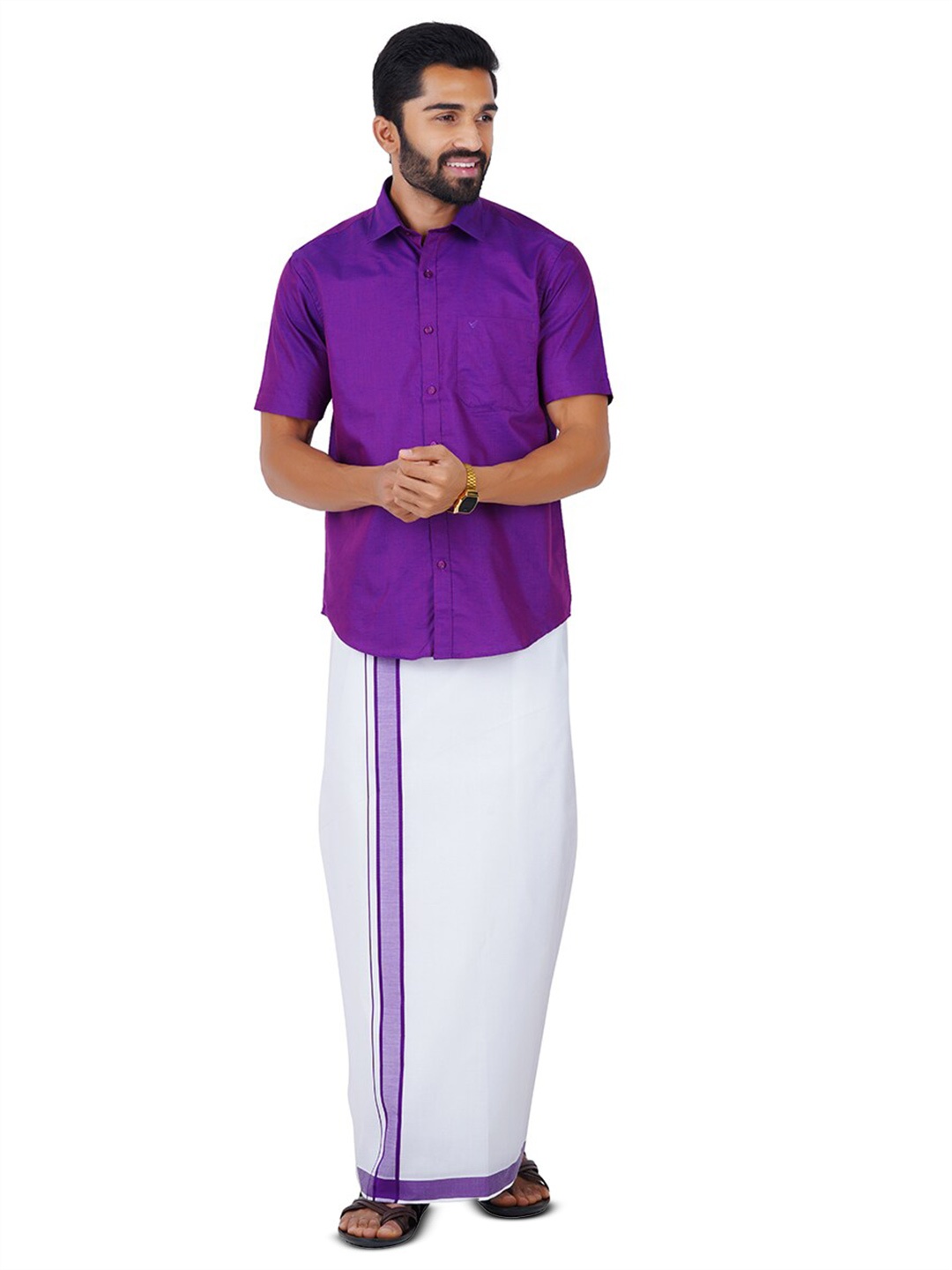 

Viveagham Men Shirt With Veshti, Purple