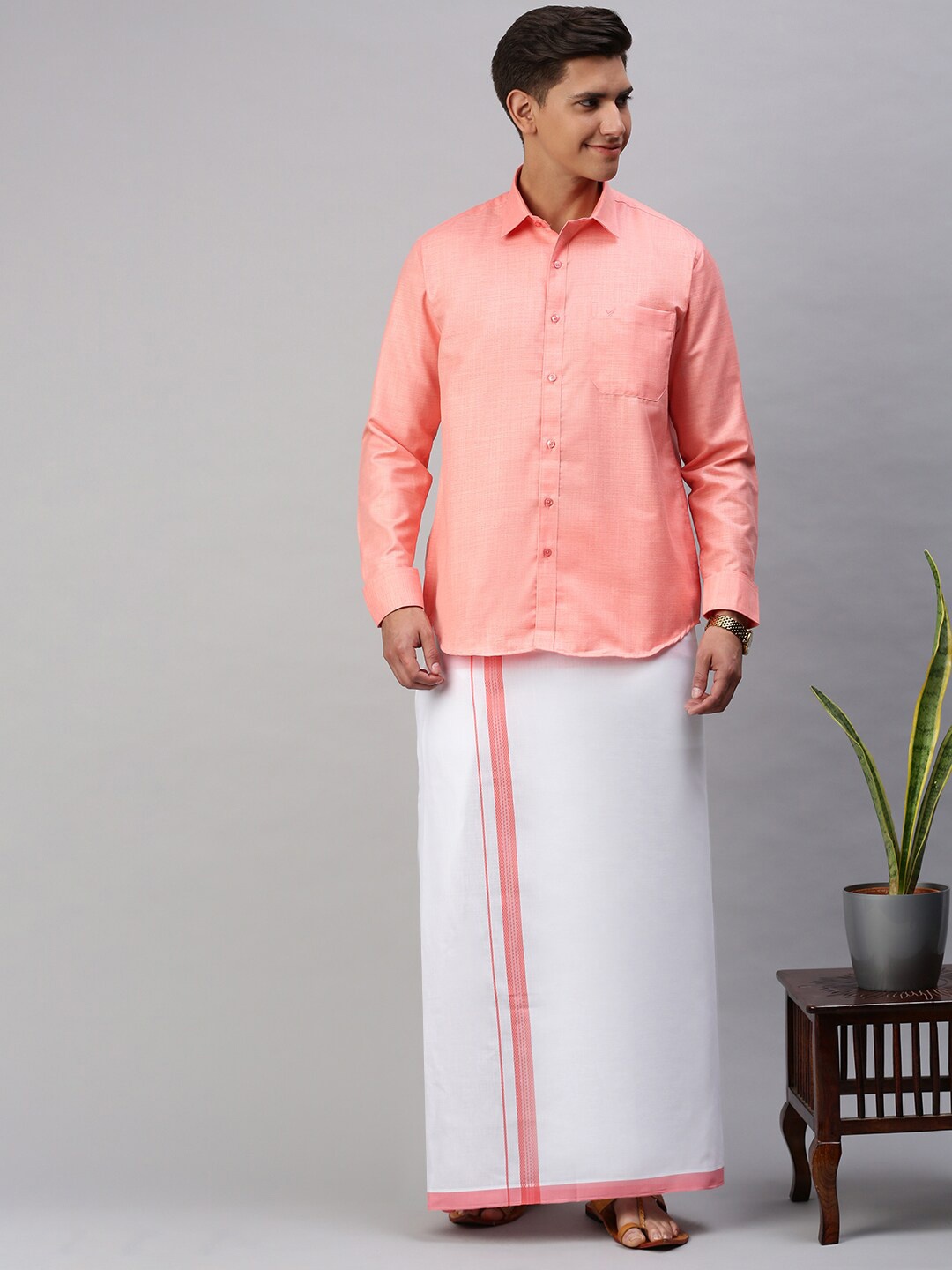 

Viveagham Men Shirt With Veshti, Pink