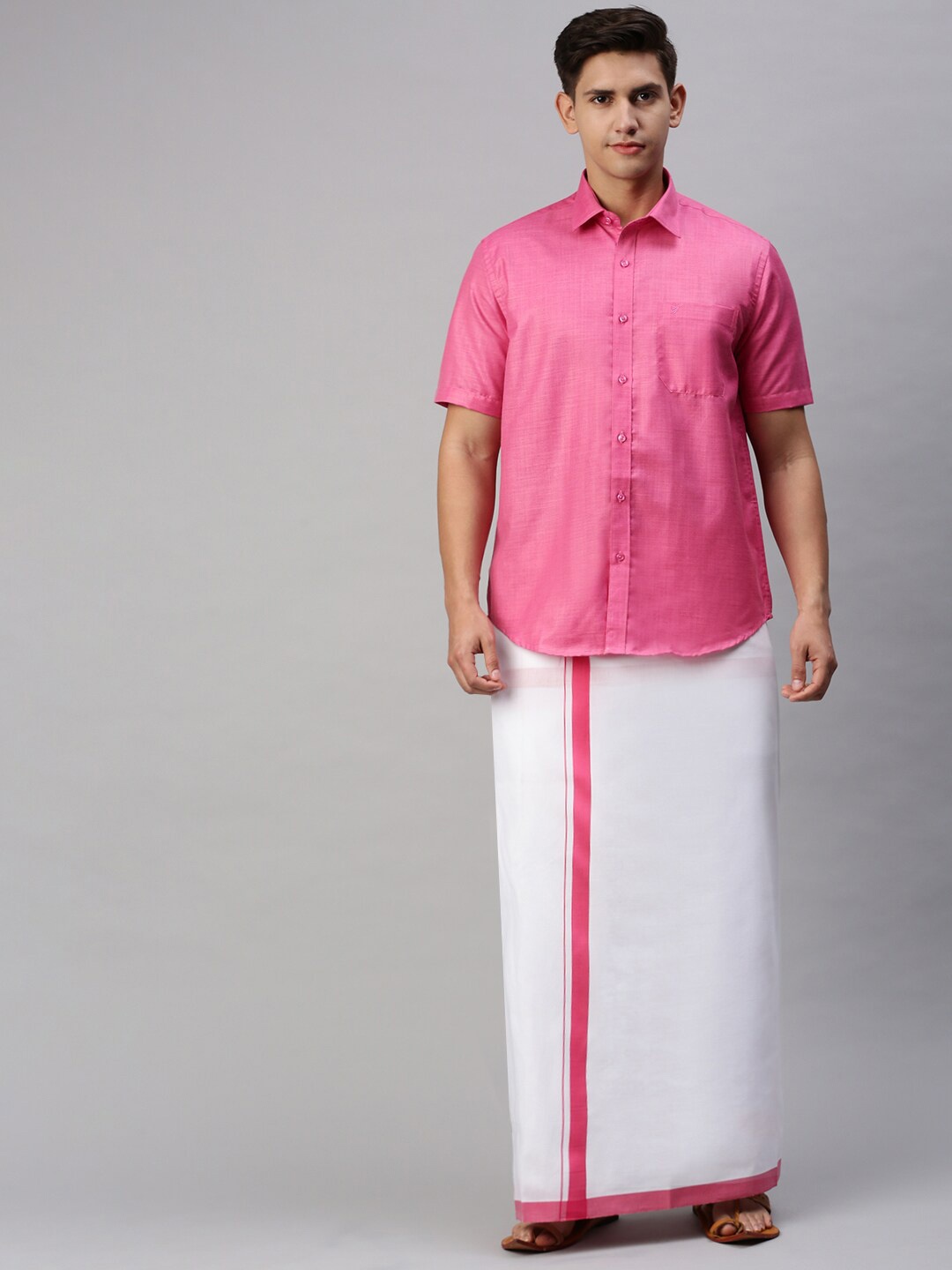 

Viveagham Men Shirt With Veshti, Pink