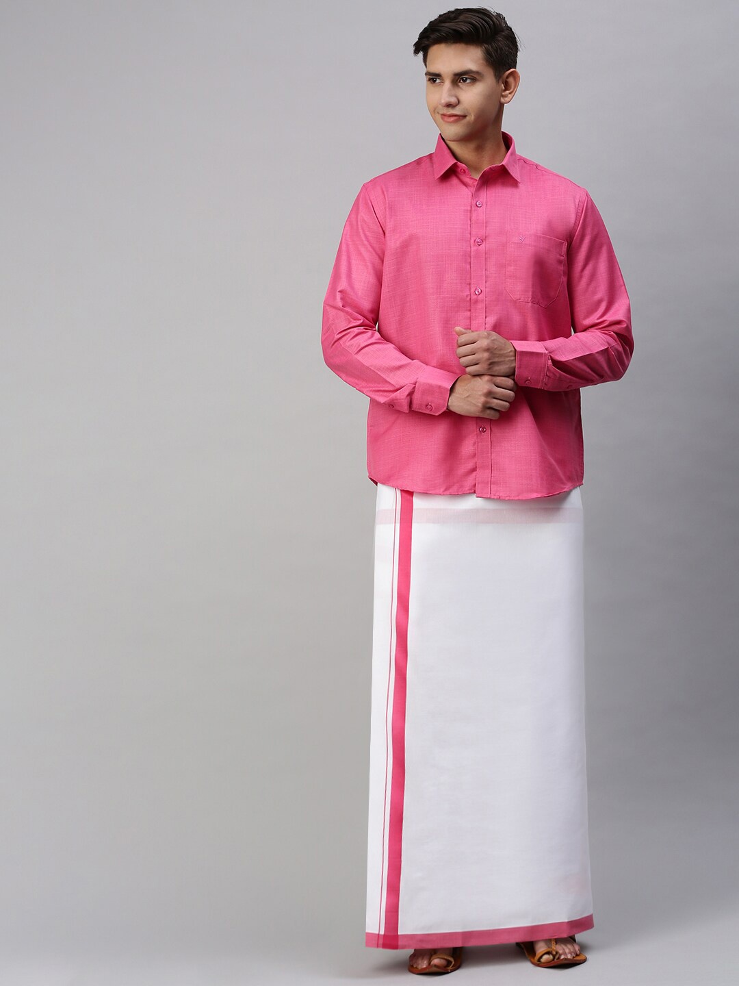 

Viveagham Men Shirt With Veshti, Pink