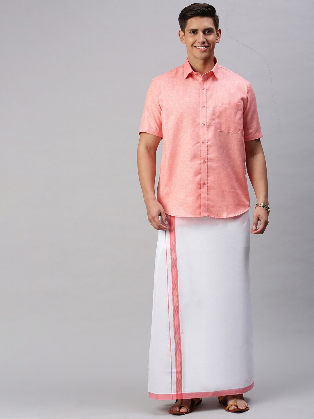 

Viveagham Men Shirt With Veshti, Pink