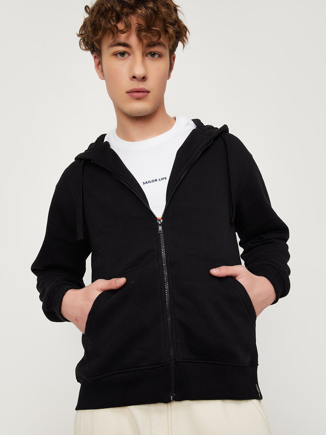 

max Hooded Front-Open Sweatshirt, Black