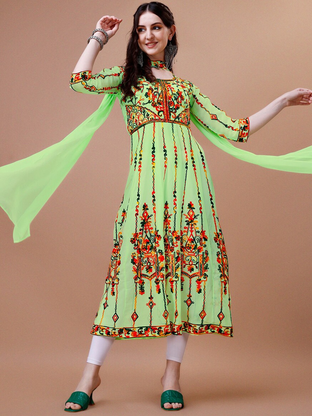

KALINI Georgette Chikankari Embroidery Anarkali Kurta With Dupatta, Sea green