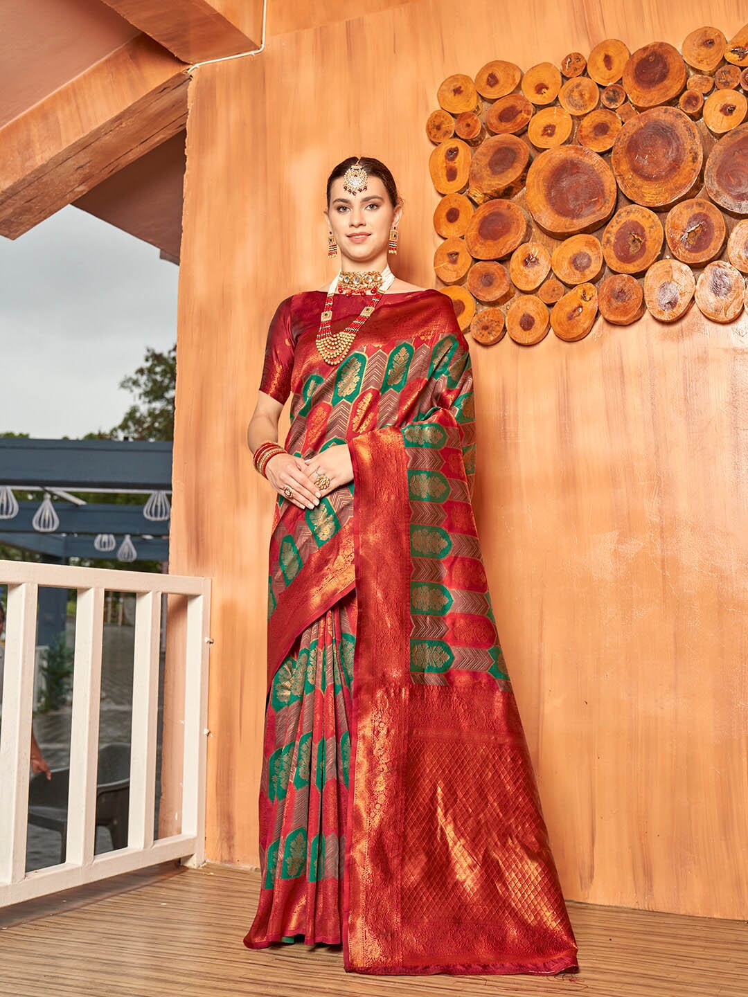 

Anouk Maroon & Green Ethnic Motifs Woven Design Zari Art Silk Kanjeevaram Saree