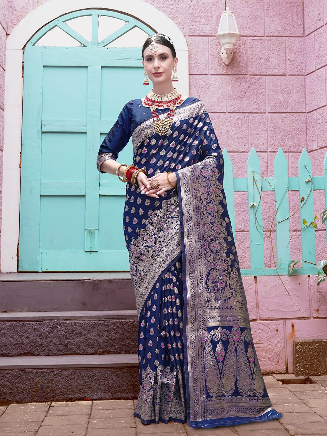 

Anouk Blue Ethnic Motifs Woven Design Zari Banarasi Saree