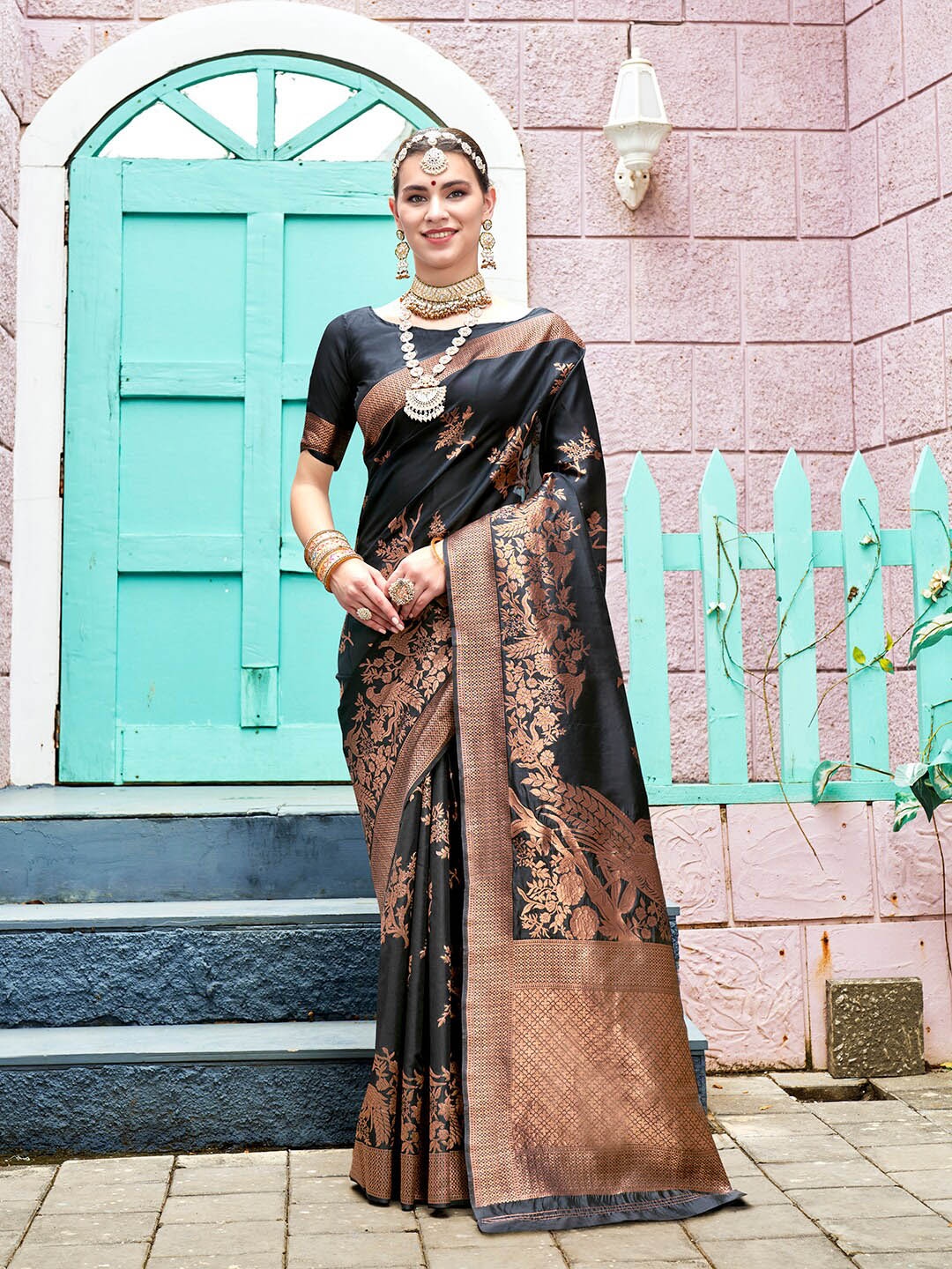 

Anouk Black Ethnic Motifs Woven Design Zari Art Silk Banarasi Saree