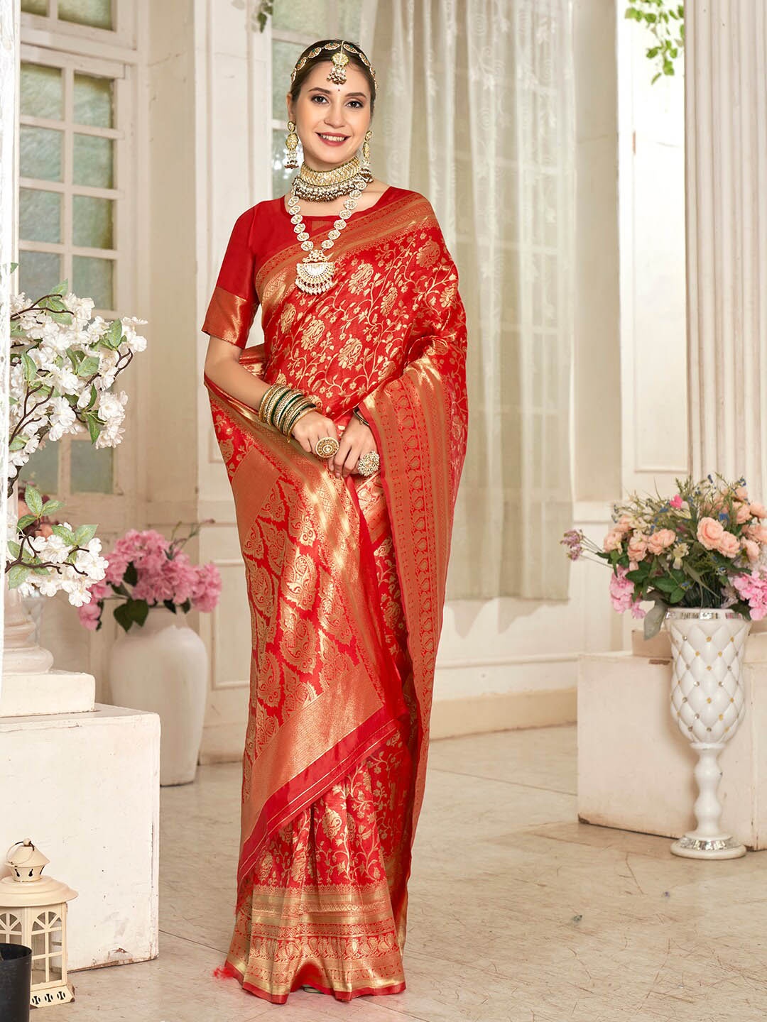 

Anouk Red & Gold-Toned Ethnic Motifs Woven Design Zari Banarasi Saree
