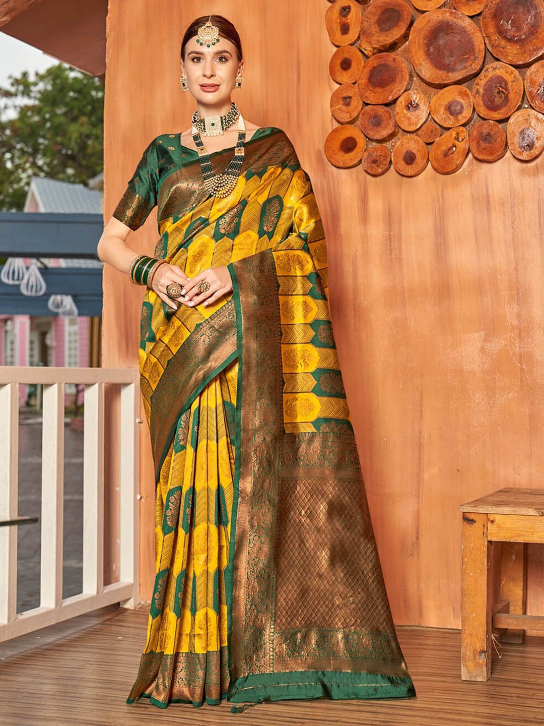 

Anouk Yellow & Green Woven Design Zari Kanjeevaram Saree