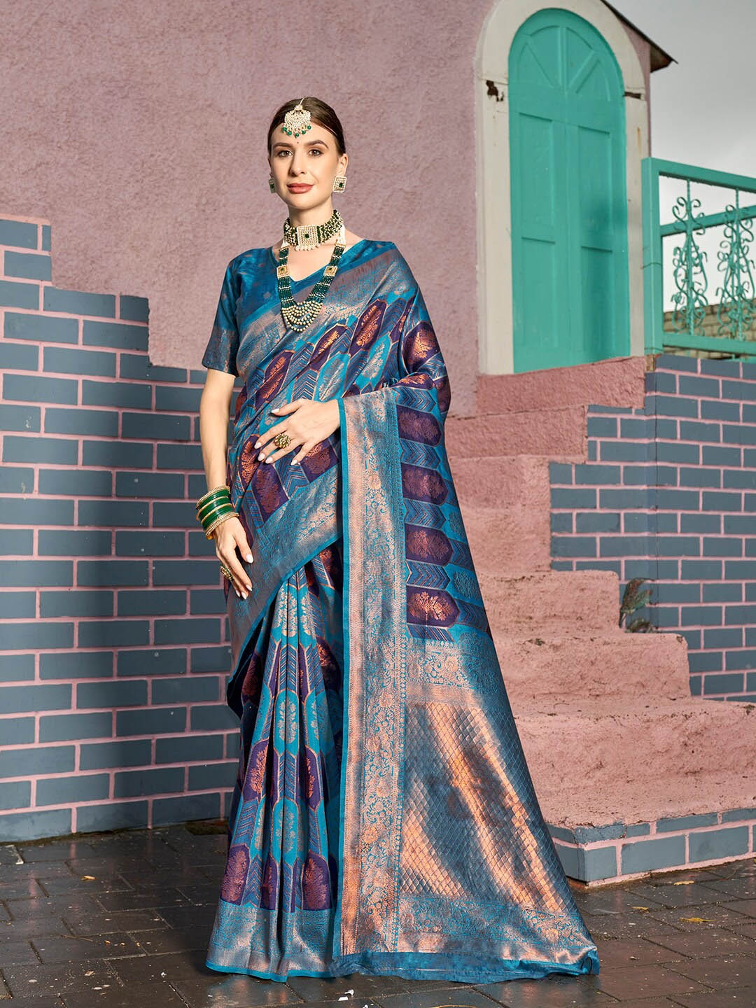 

Anouk Blue & Copper-Toned Ethnic Motifs Woven Design Zari Art Silk Kanjeevaram Saree