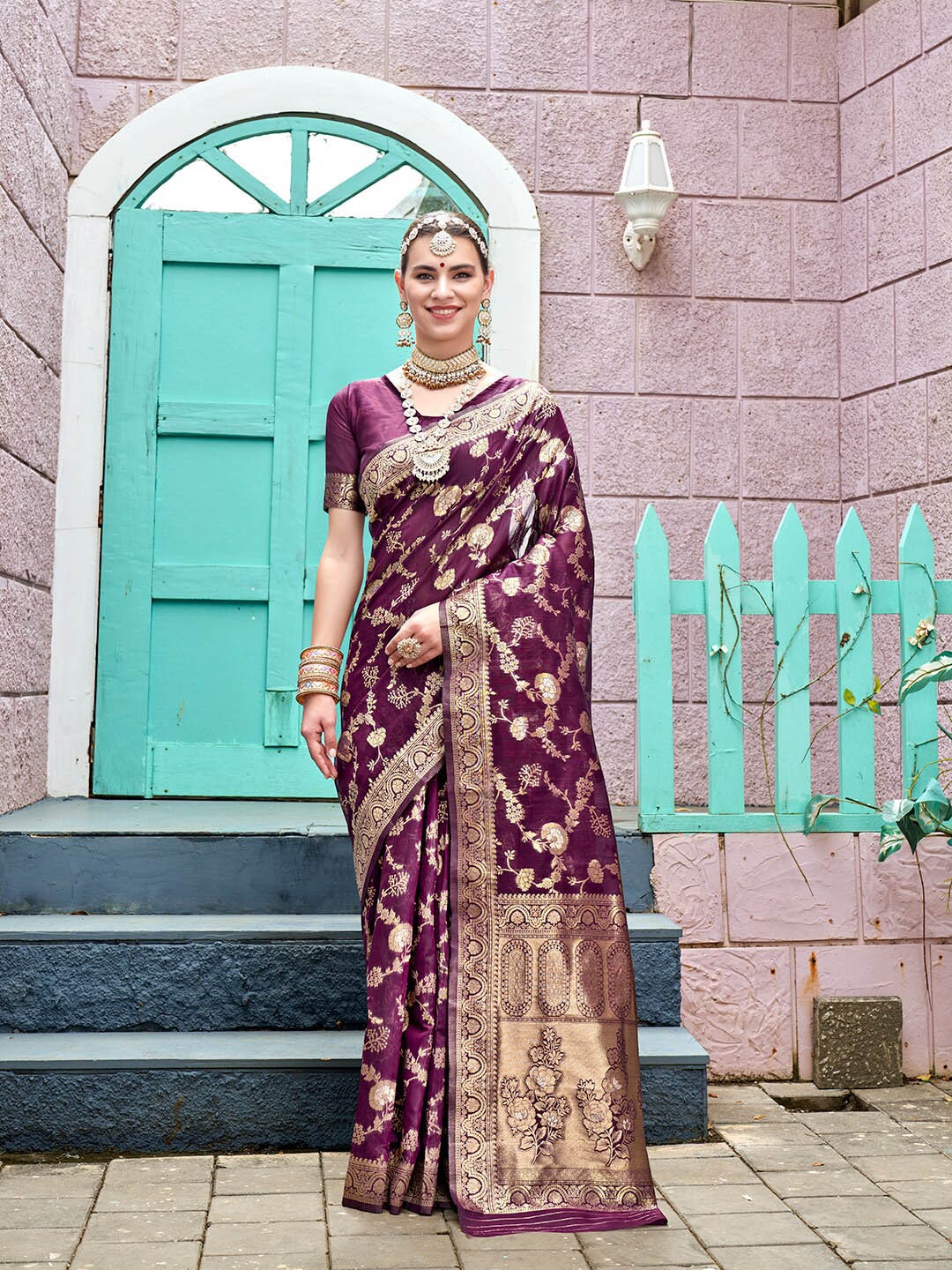 

Anouk Purple Floral Woven Design Zari Organza Saree