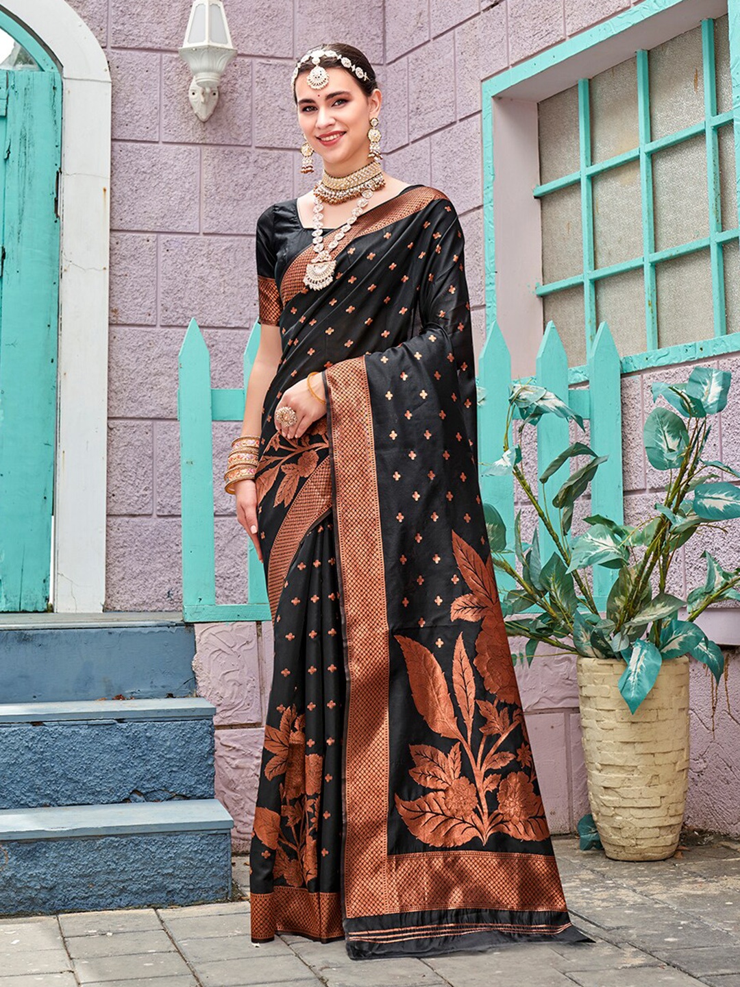 

Anouk Black & Copper-Toned Ethnic Motifs Woven Design Art Silk Banarasi Saree