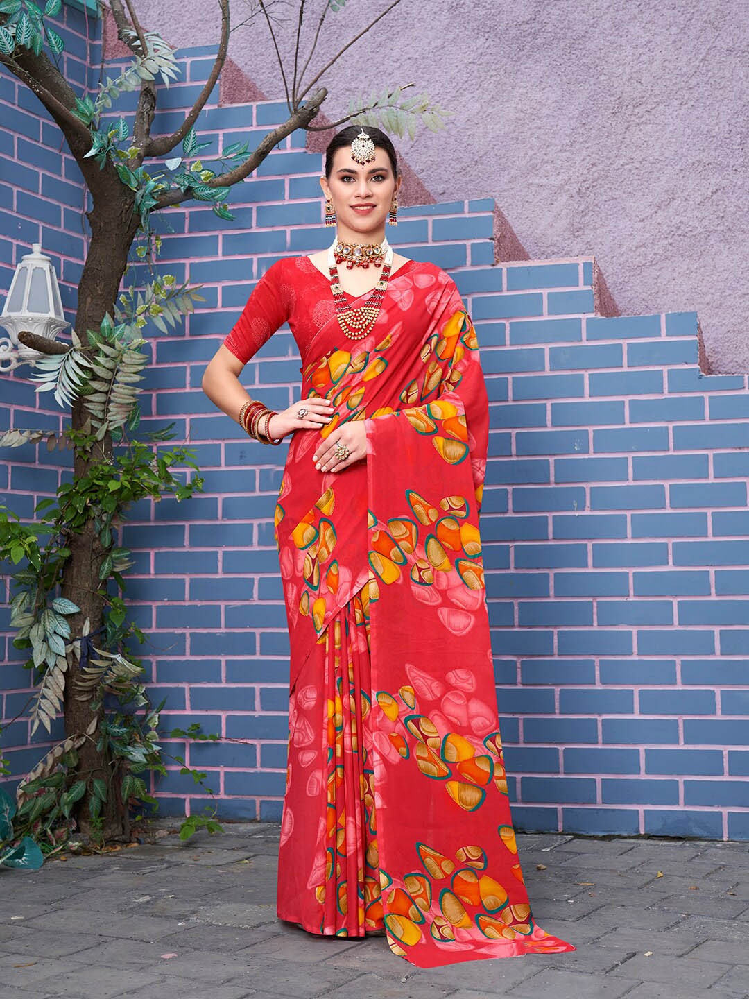 

Anouk Red & Yellow Geometric Printed Art Silk Saree