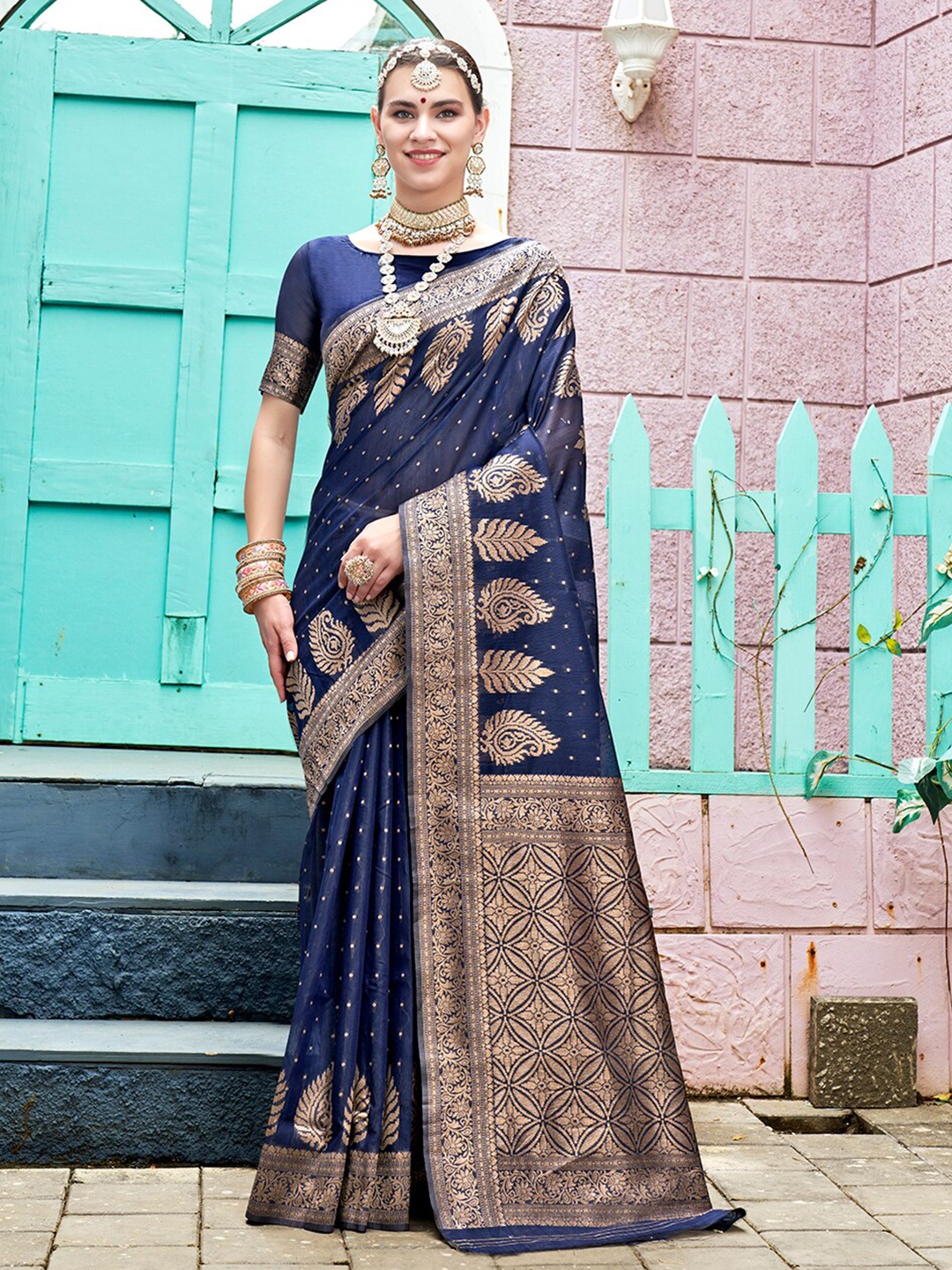 

Anouk Blue Ethnic Motifs Woven Design Zari Art Silk Banarasi Saree