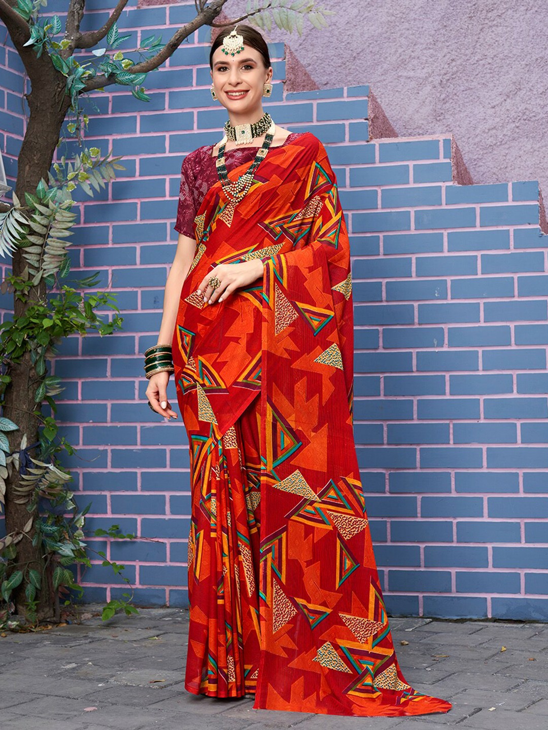 

Anouk Rustic Geometric Printed Saree, Red