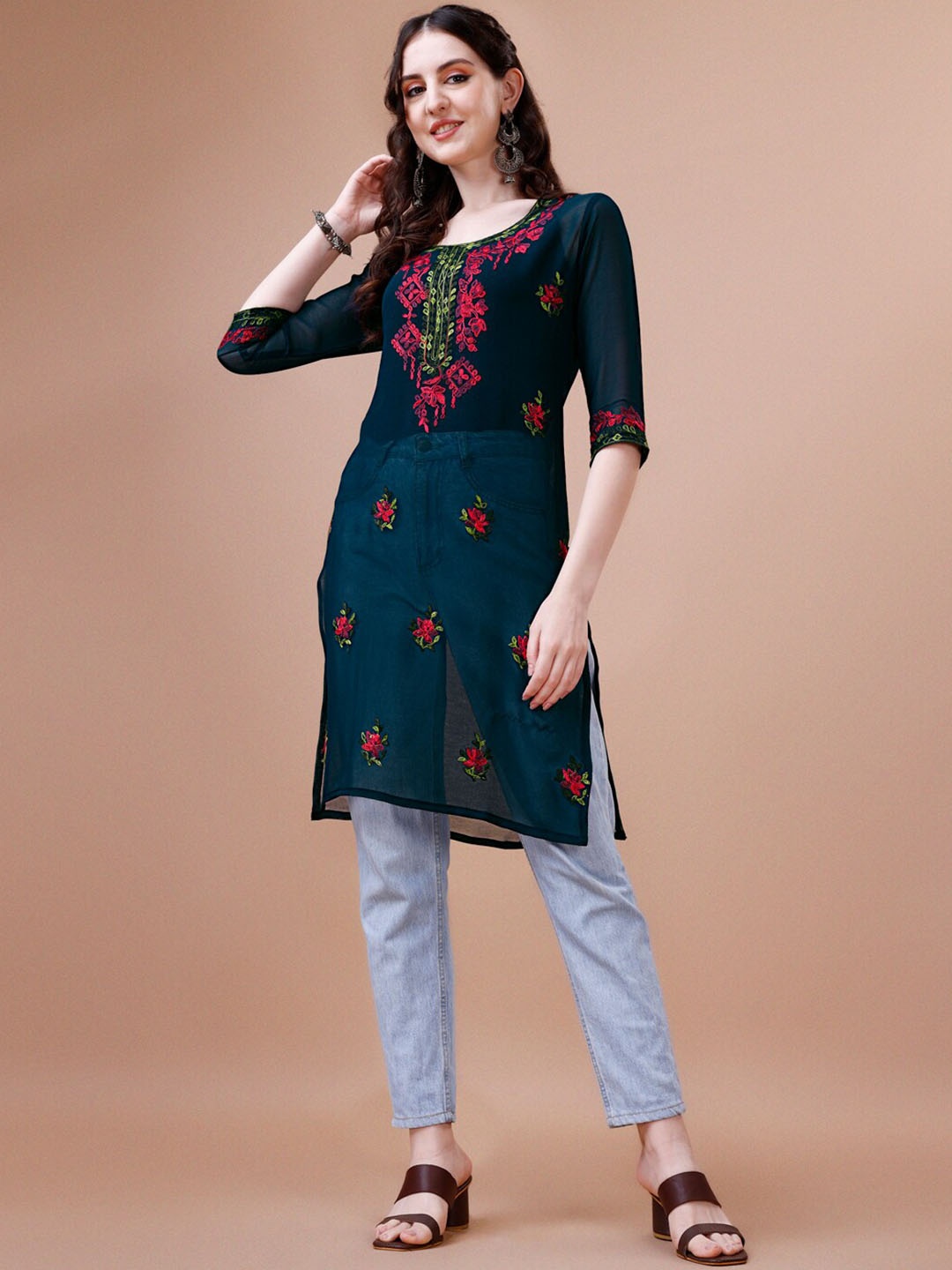 

KALINI Floral Embroidered Thread Work Georgette Straight Kurta, Teal