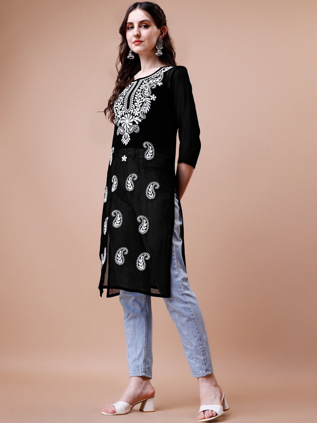 

KALINI Embroidered Thread Work Floral Georgette Kurta, Black
