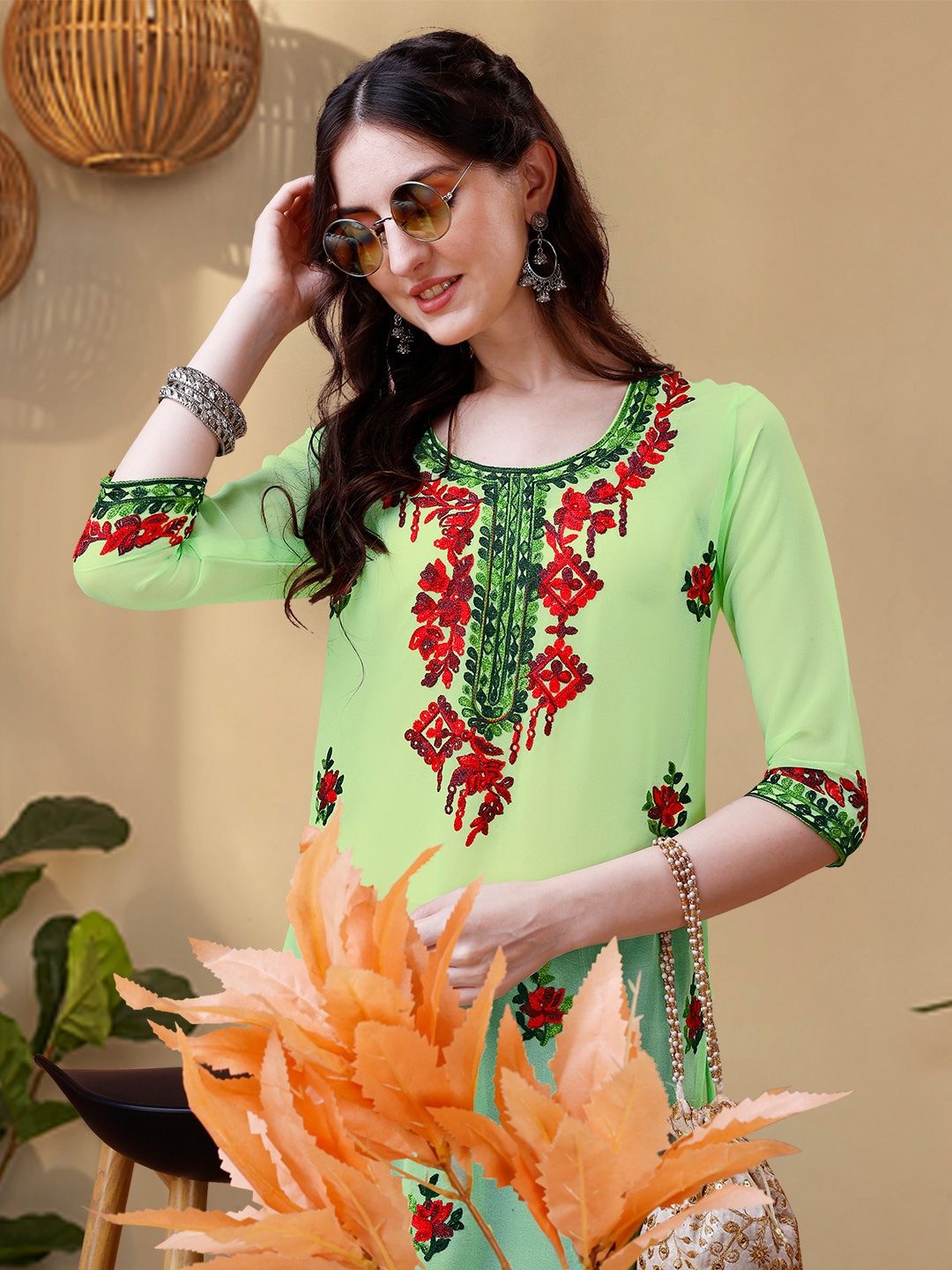 

KALINI Floral Embroidered Thread Work Georgette Kurta, Green