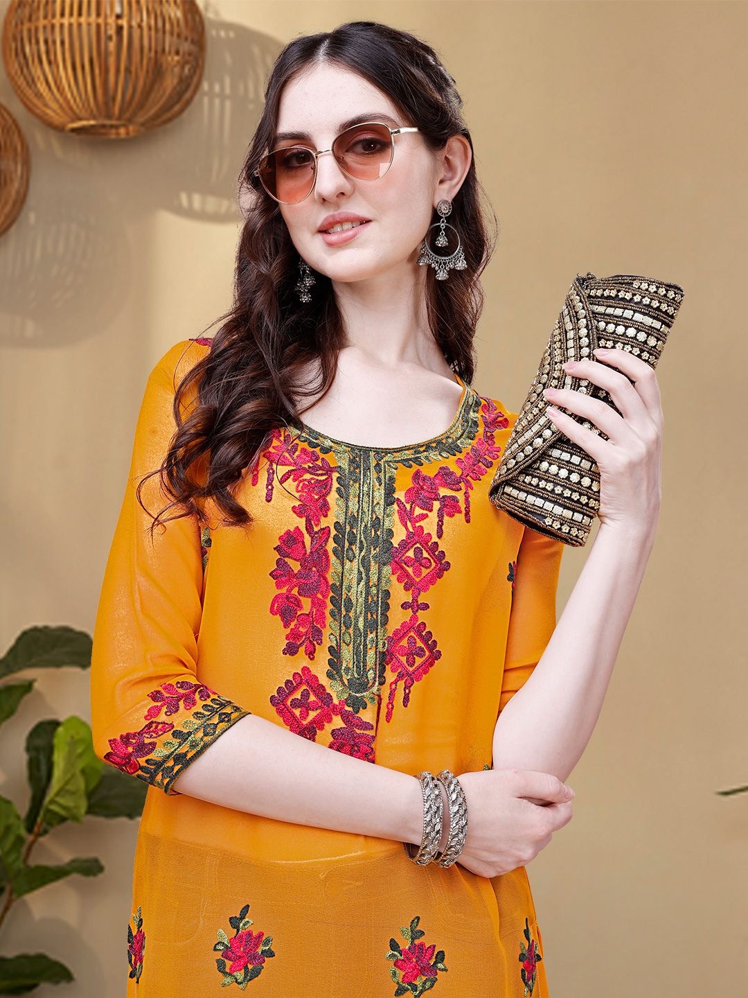 

KALINI Floral Embroidered Thread Work Georgette Straight Kurta, Mustard