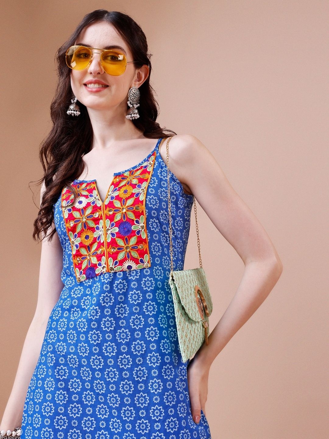 KALINI Floral Printed Sleeveless Thread Work Patch Work Straight Kurta, Blue