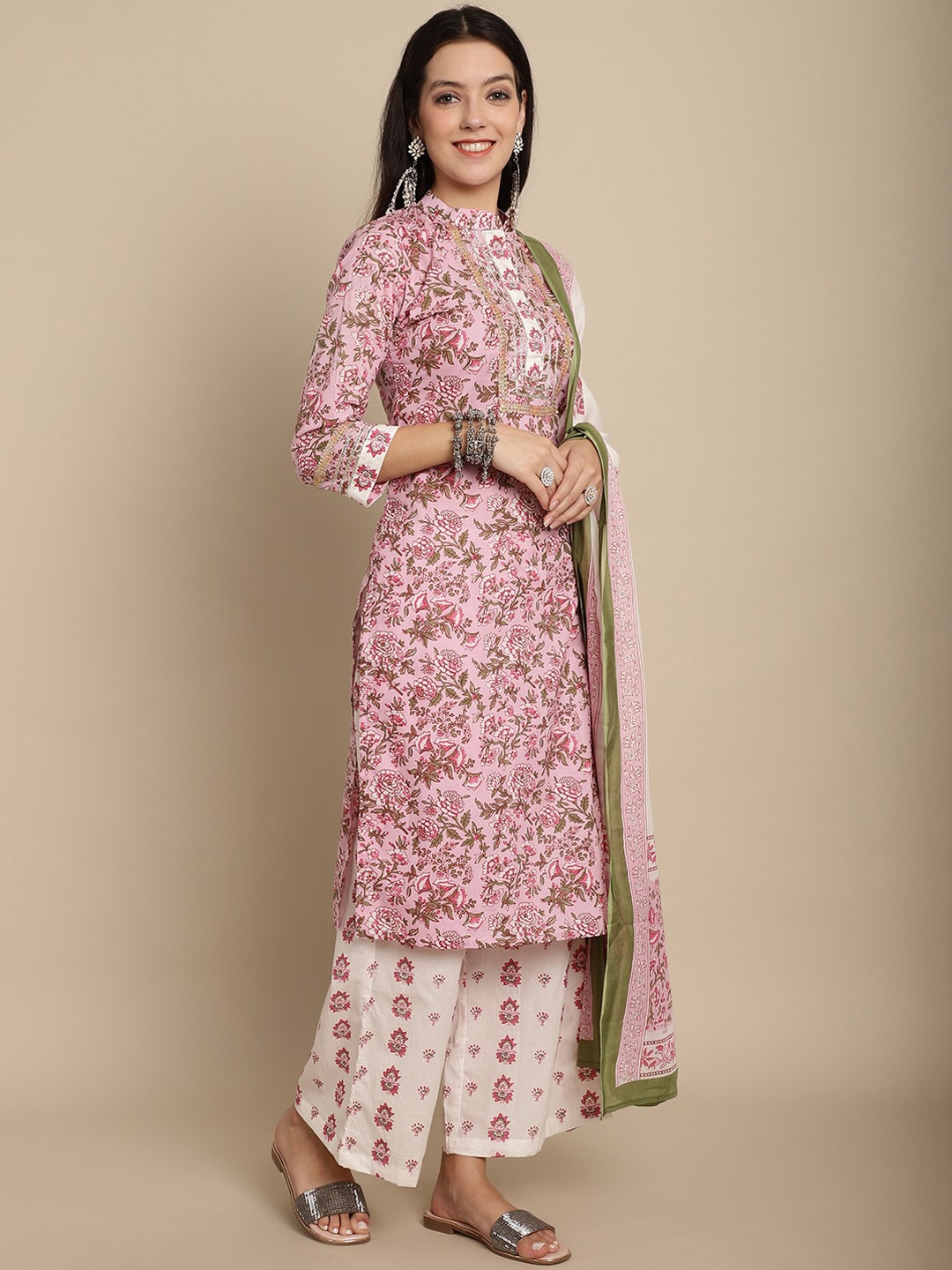 

KALINI Floral Printed Regular Pure Cotton Kurta With Palazzos & Dupatta, Pink