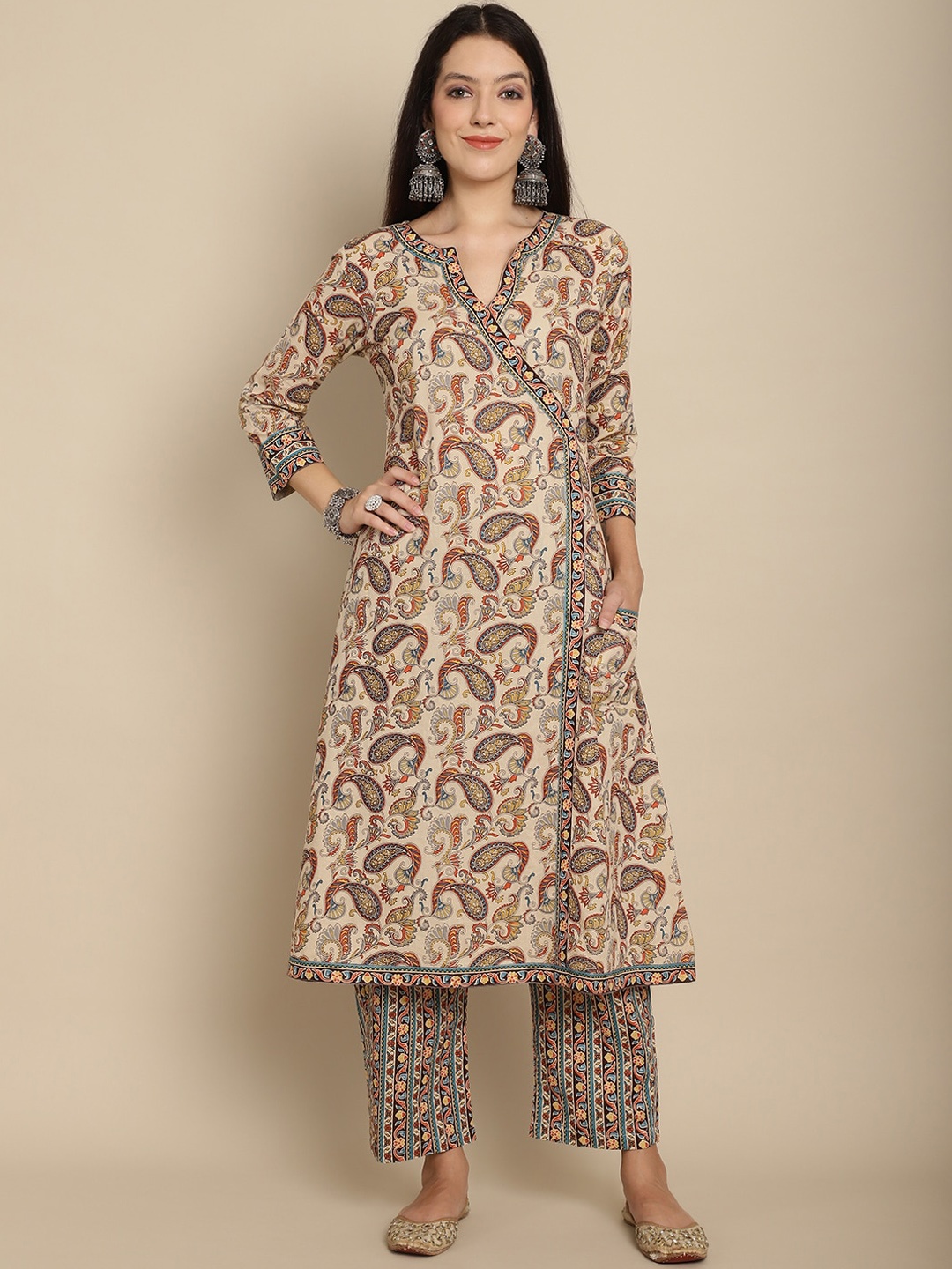 

KALINI Paisley Printed A-Line Angrakha Pure Cotton Kurta with Palazzos, Beige