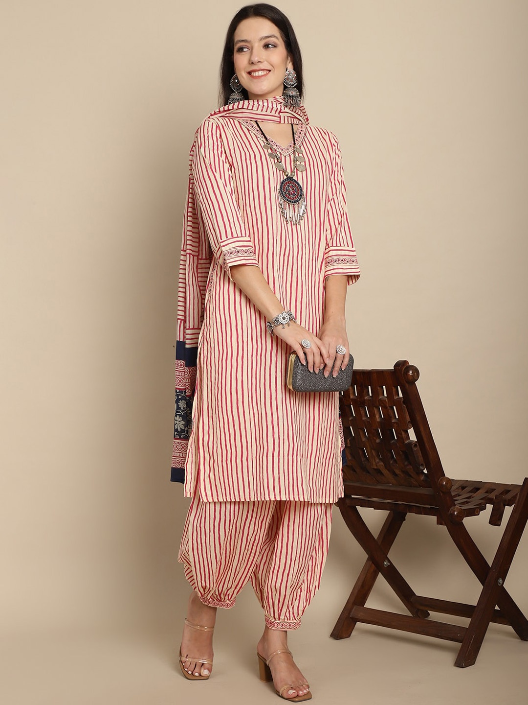 

KALINI Striped Pure Cotton Kurta with Harem Pants & With Dupatta, Beige