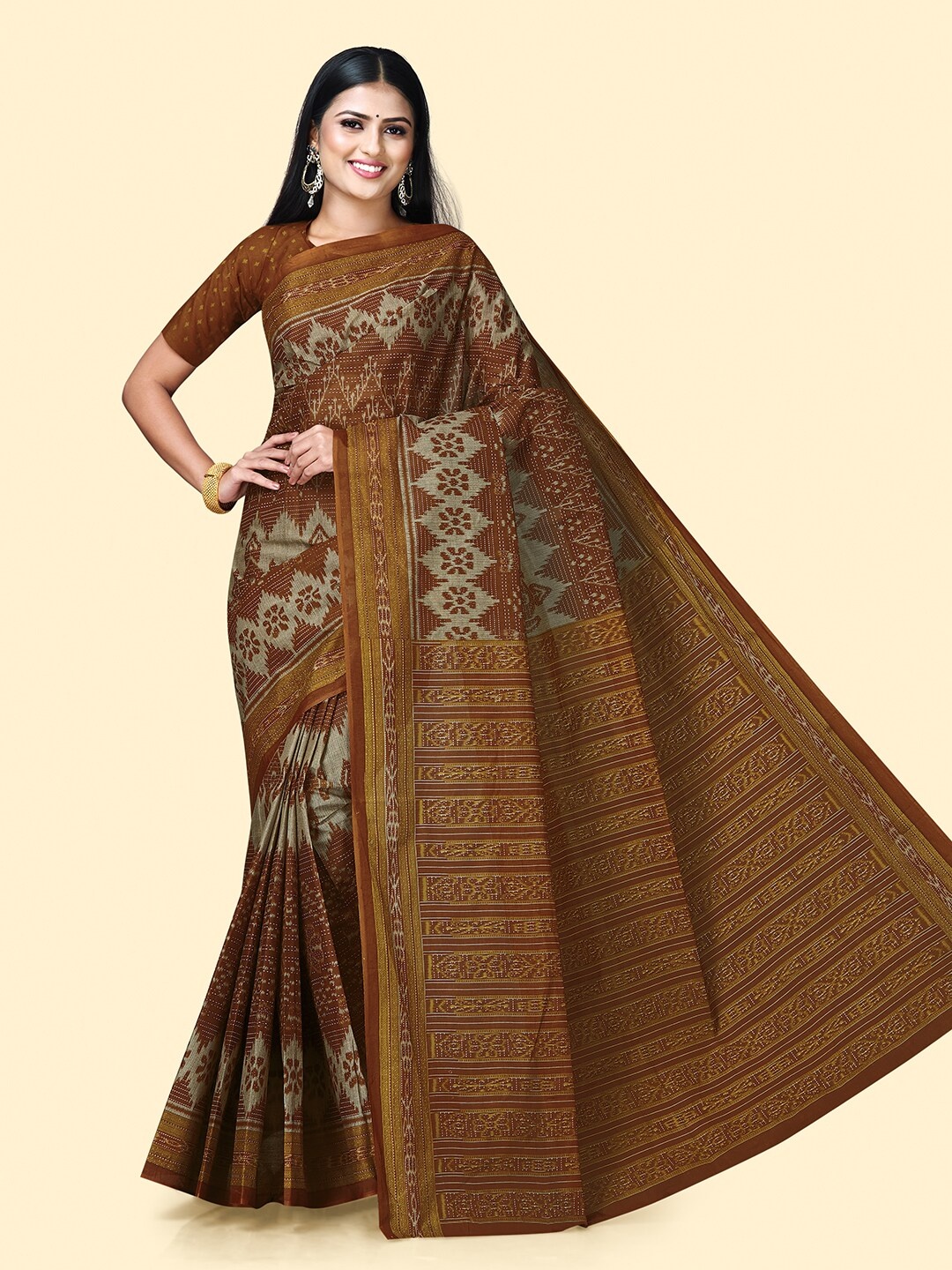 

SHANVIKA Ethnic Motifs Printed Pure Cotton Saree, Brown