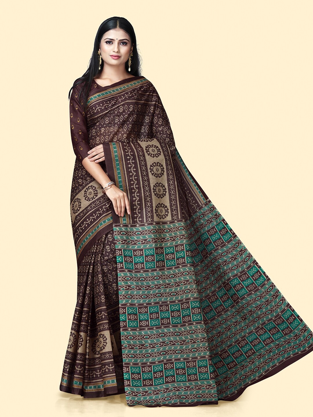 

SHANVIKA Ethnic Motifs Printed Pure Cotton Saree, Brown