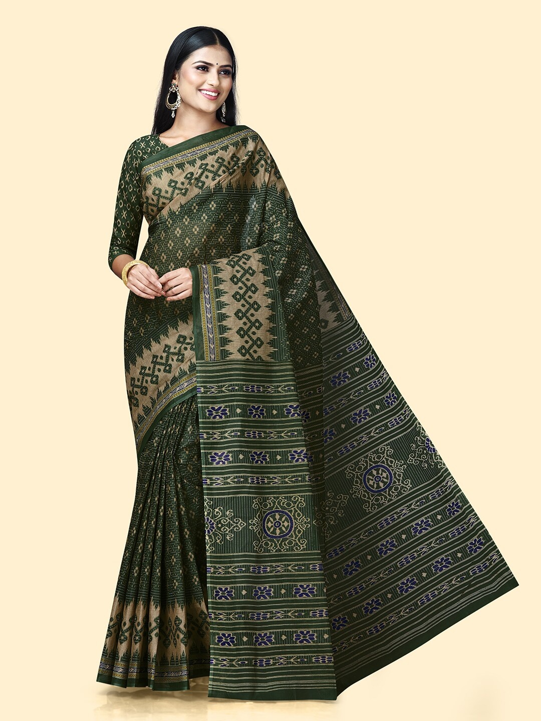 

SHANVIKA Ethnic Motifs Printed Pure Cotton Saree, Olive