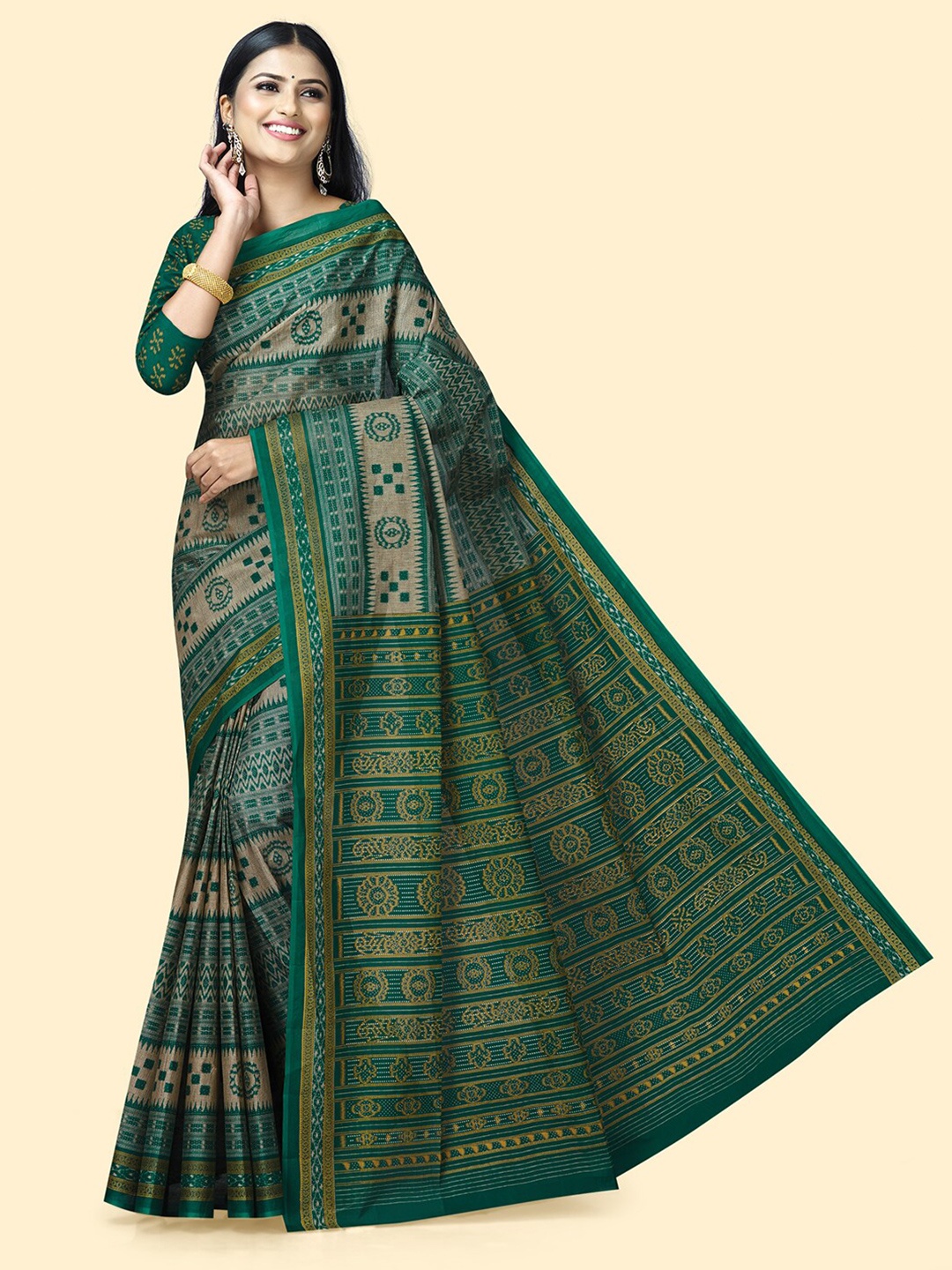 

SHANVIKA Ethnic Motifs Printed Pure Cotton Saree, Beige