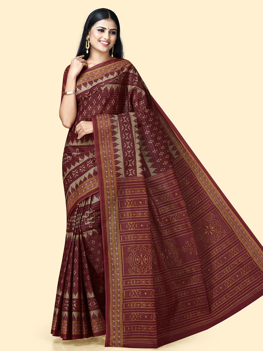 

SHANVIKA Geometric Printed Pure Cotton Saree, Maroon