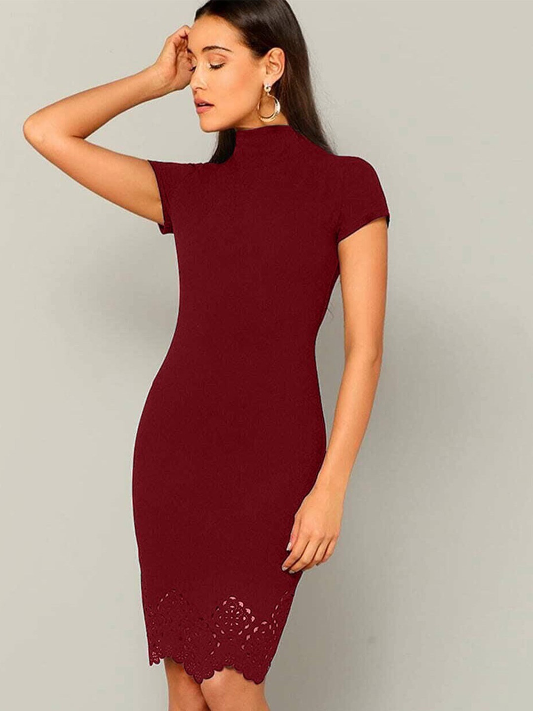 

ELYRAA High Neck Bodycon Above Knee Dress, Maroon