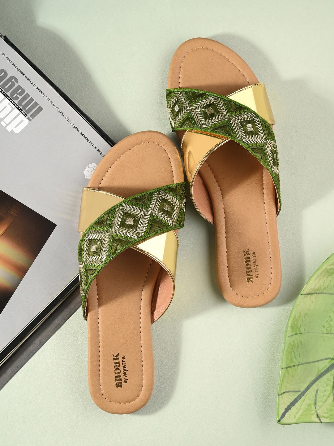 

Anouk Green & Gold-Toned Embroidered Open Toe Flats