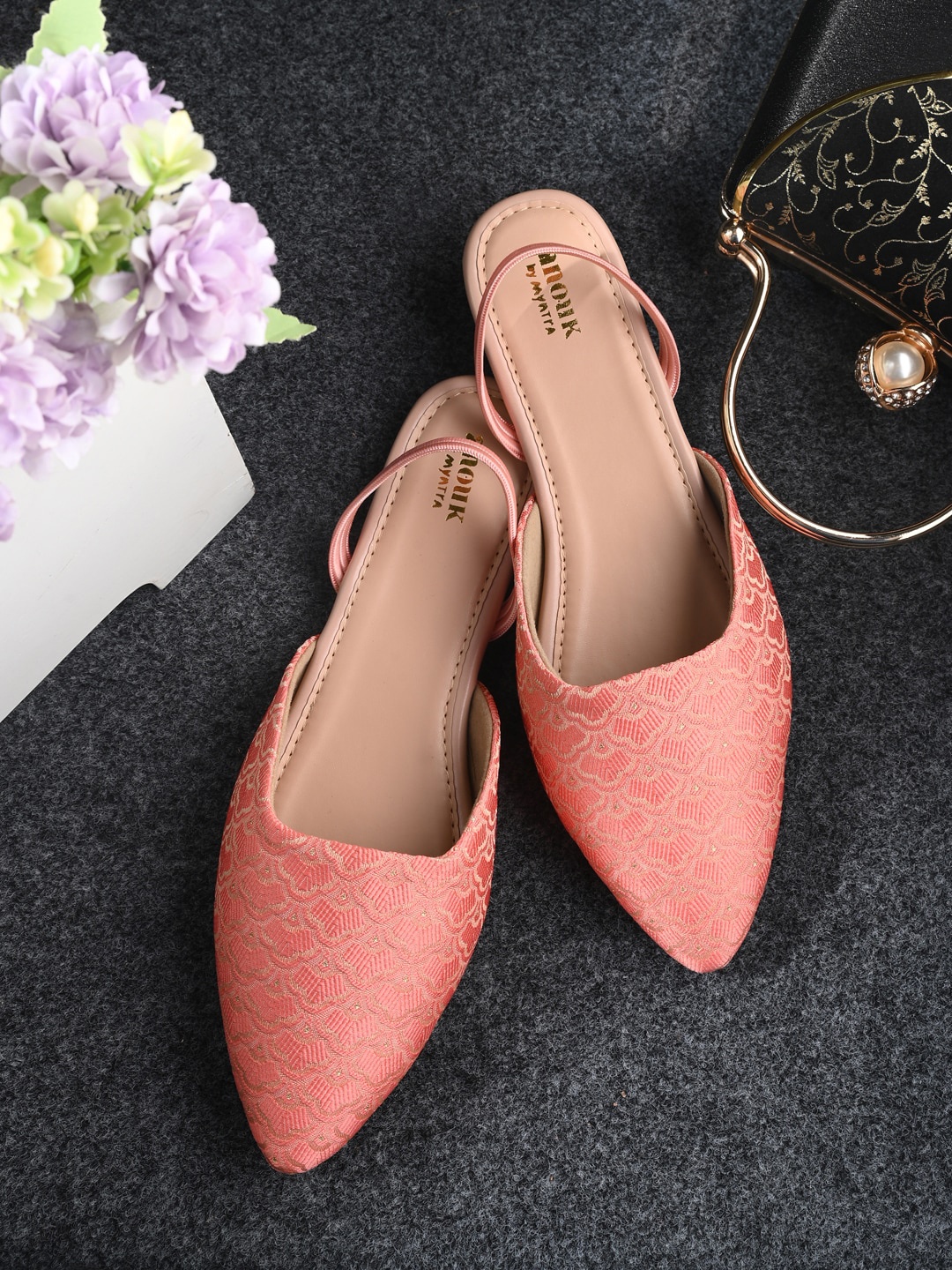 

Anouk Orange Embroidered Ethnic Fabric Mules With Backstrap