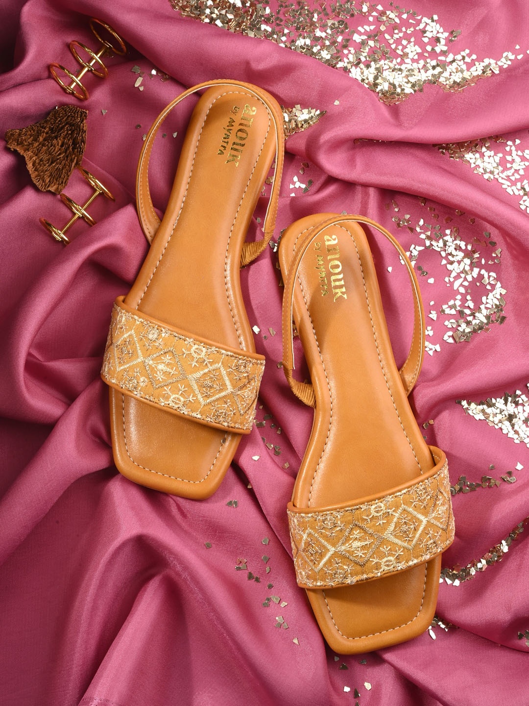 

Anouk Gold-Toned Ethnic Embroidered Open Toe Flats with Backstrap