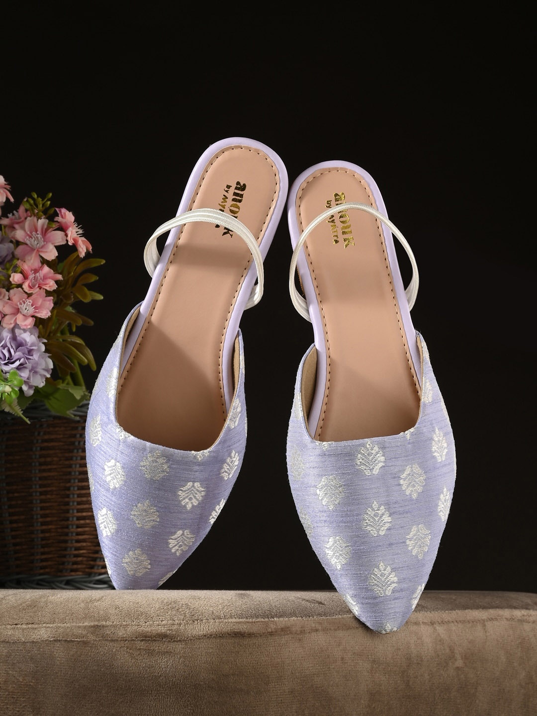 

Anouk Blue Embroidered Ethnic Fabric Mules With Backstrap