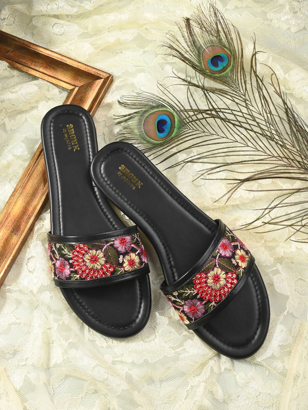 

Anouk Black & Pink Ethnic Embroidered Open Toe Flats