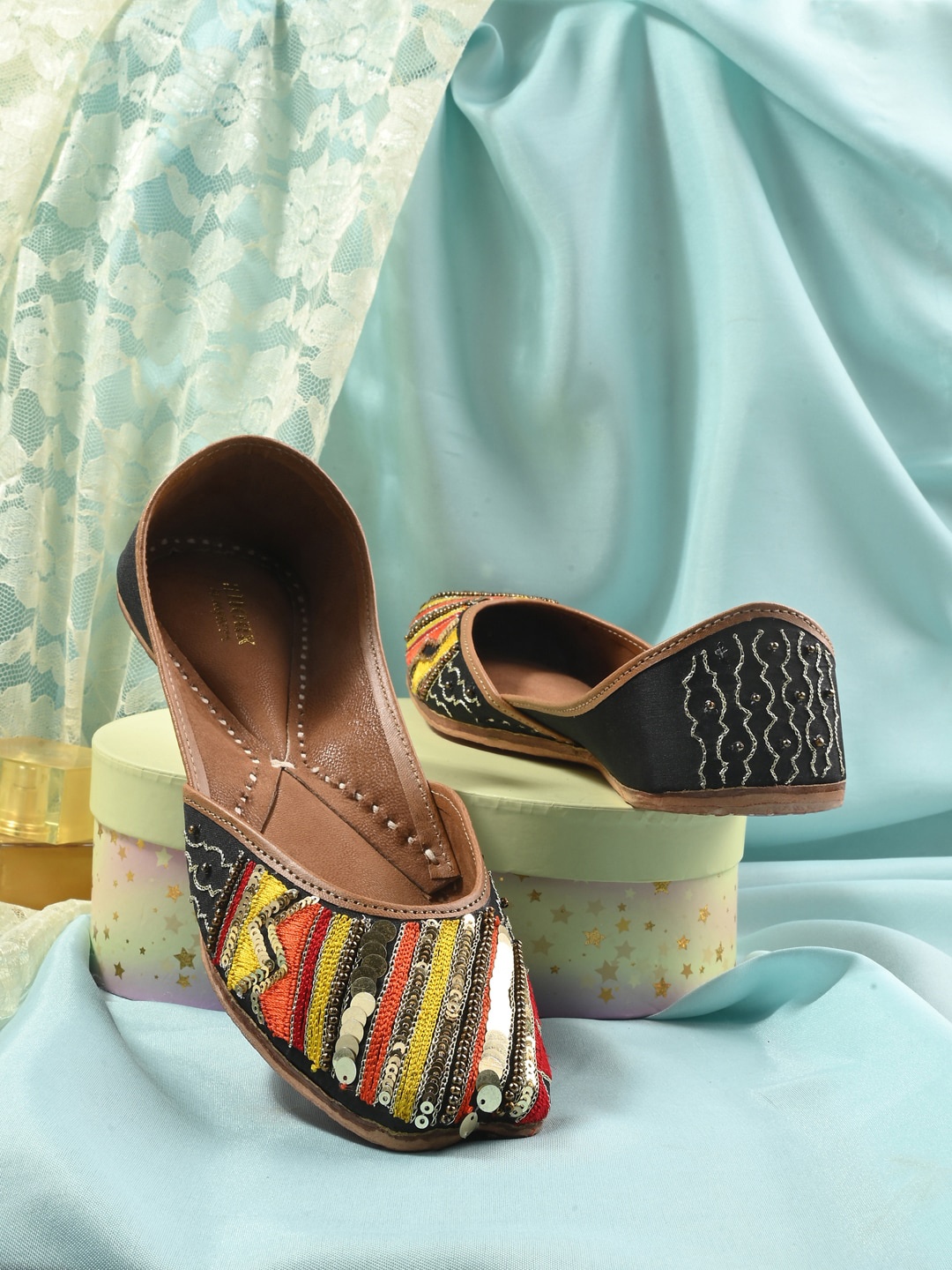 

Anouk Black & Gold Toned Ethnic Fabric Square Toe Embroidered Mojaris