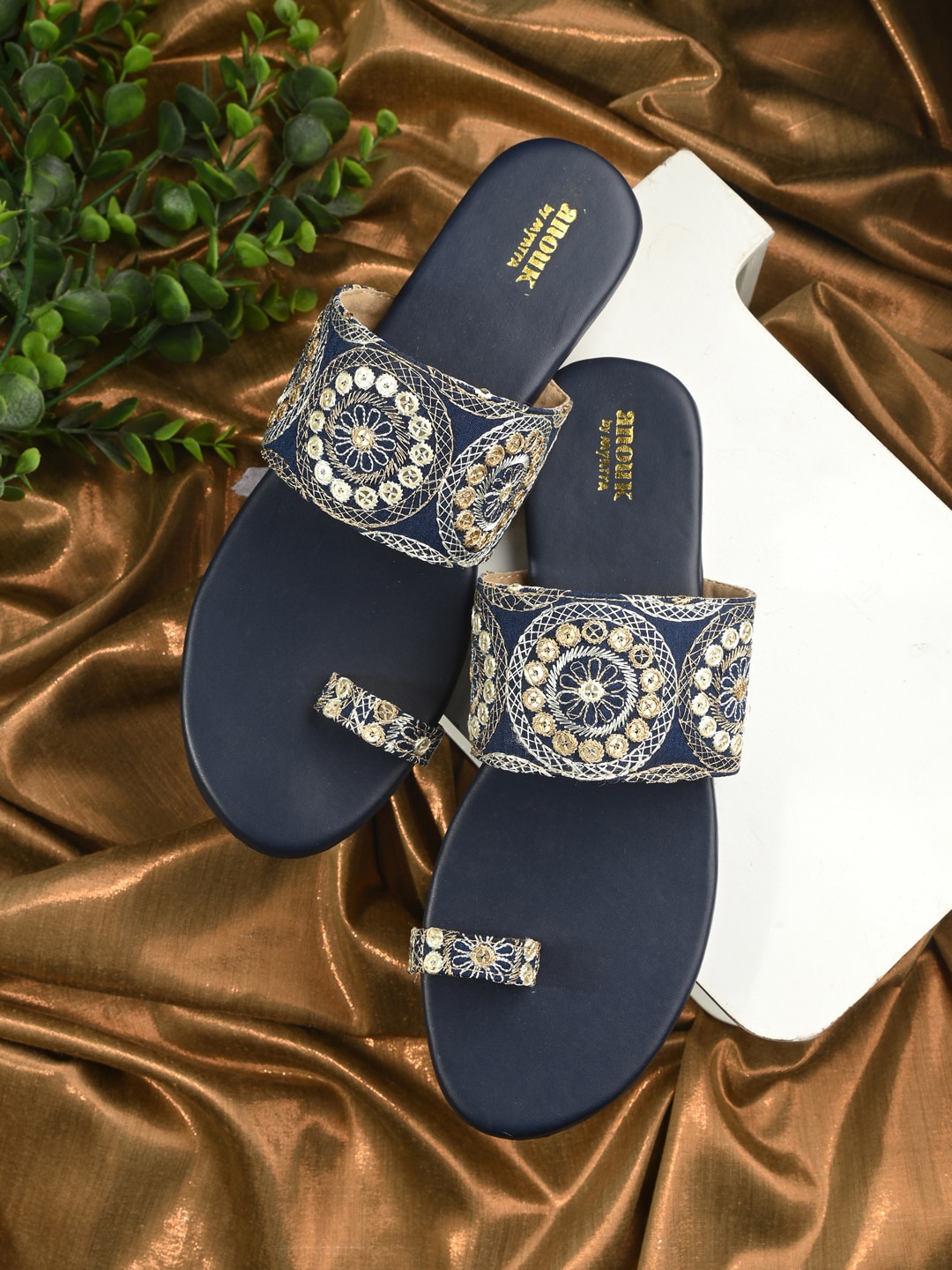 

Anouk Navy Blue Ethnic Embroidered Fabric One Toe Flats