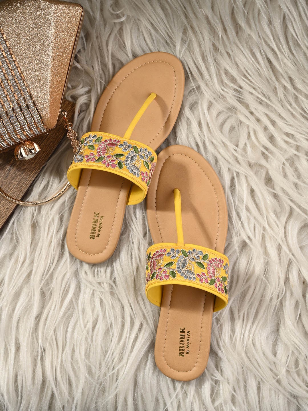 

Anouk Yellow & Green Embroidered T-Strap Flats