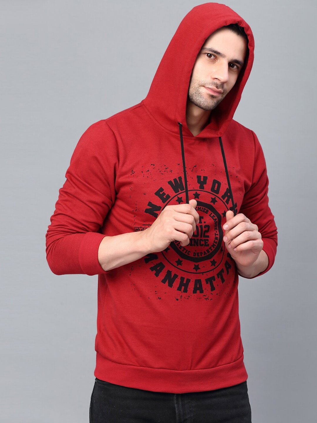 

Rigo Men Printed Fleece Casual Hooded Pullover Sweatshirt, Red