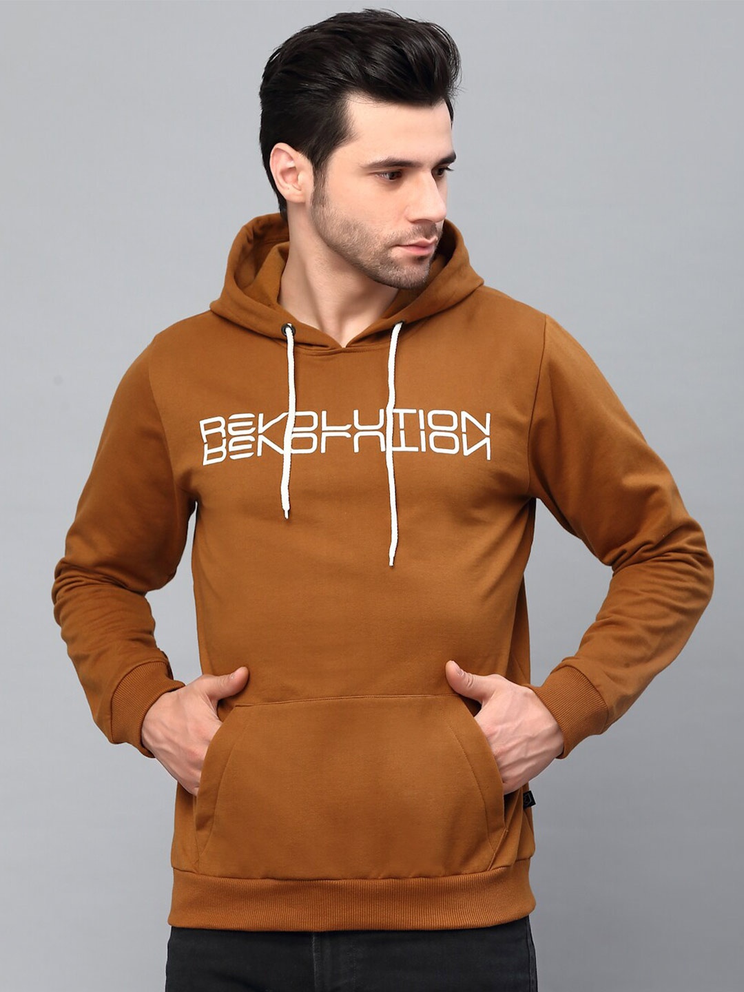 

Rigo Men Printed Fleece Pullover Casual Hooded Sweatshirt, Brown