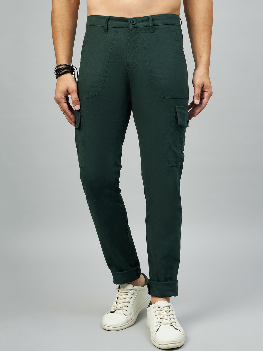 

STUDIO NEXX Men Relaxed Straight Leg Mid-Rise Pure Cotton Cargos, Green