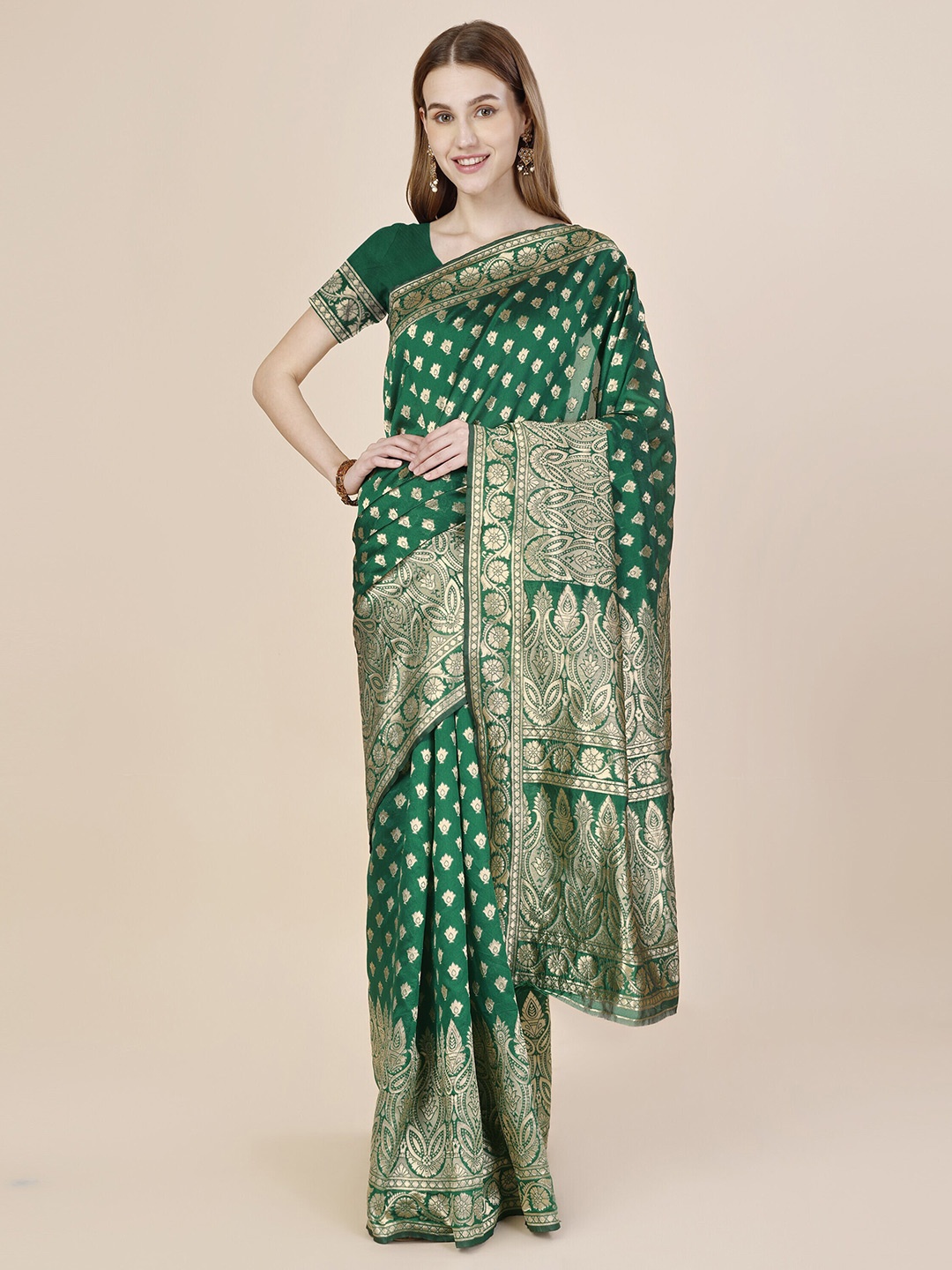

MAGMINA Ethnic Motifs Woven Design Zari Banarasi Saree, Green