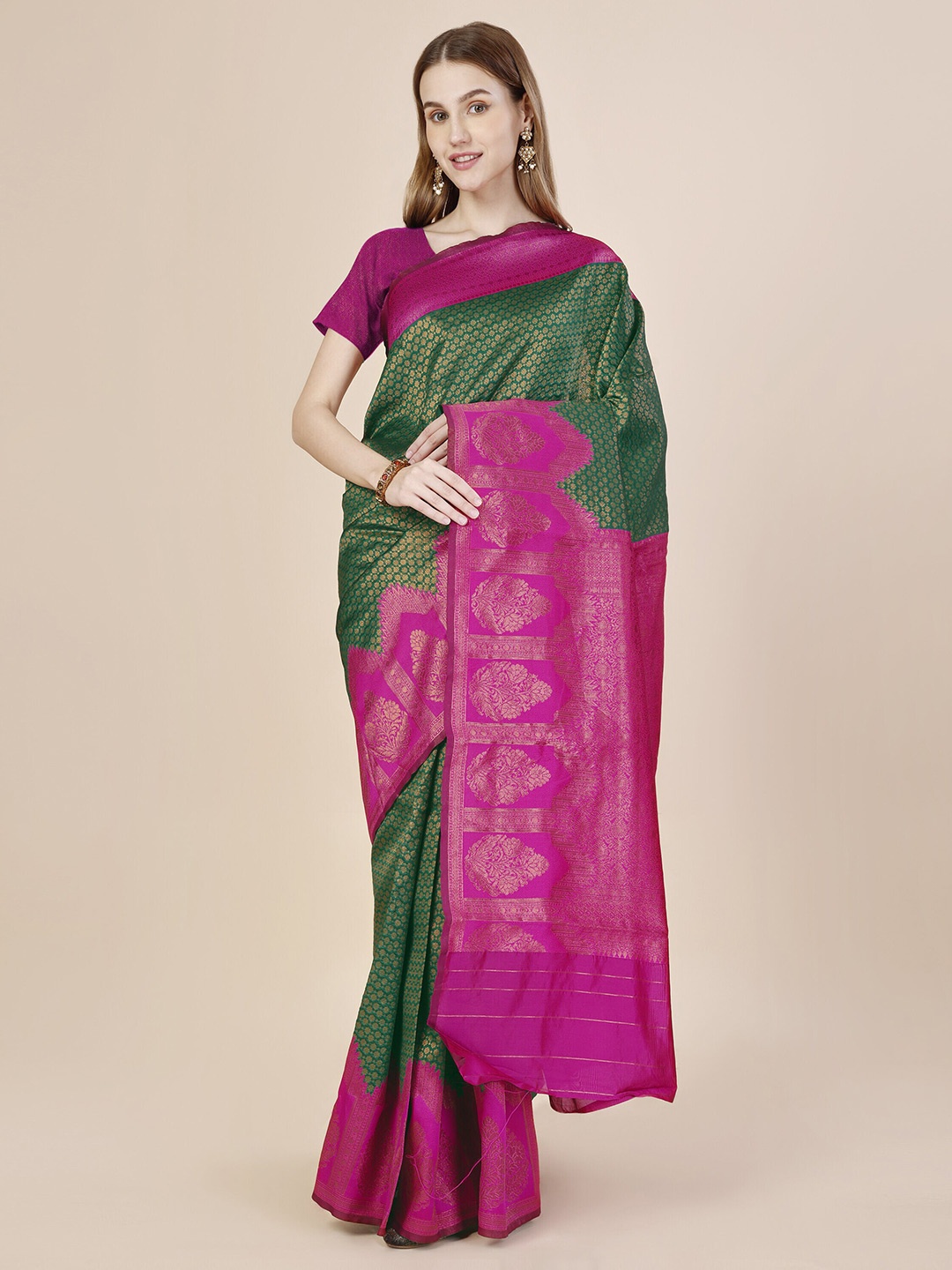

MAGMINA Ethnic Motifs Woven Design Zari Banarasi Saree, Pink