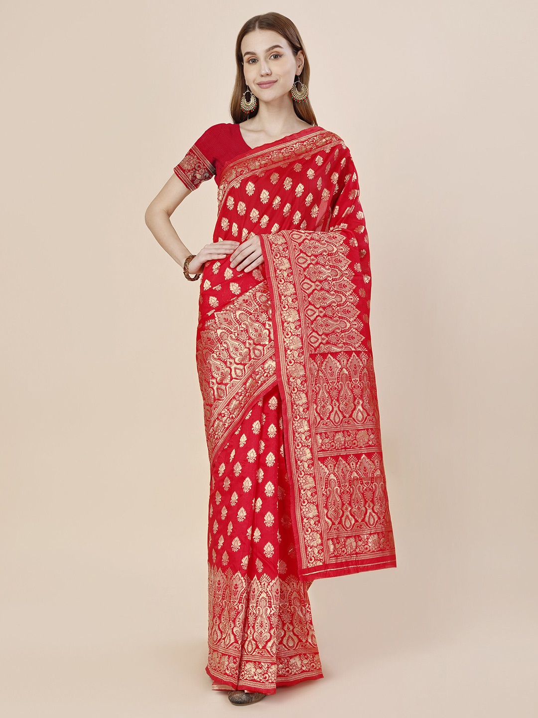 

MAGMINA Ethnic Motifs Woven Design Zari Kanjeevaram Saree, Red