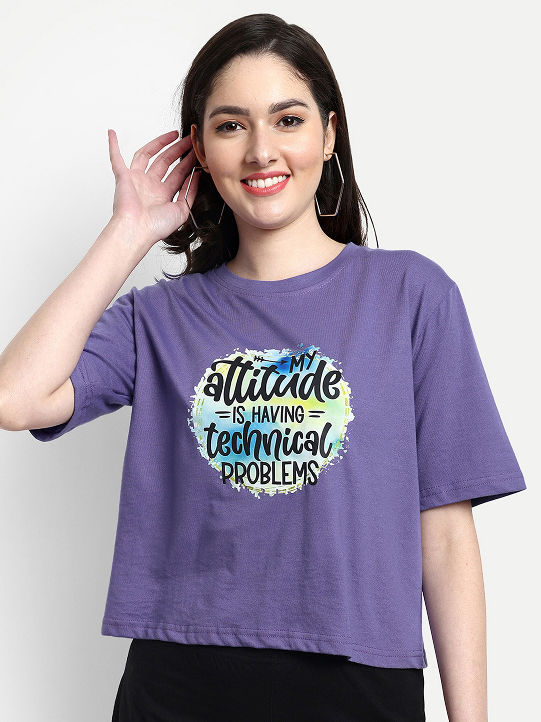 

VISO Typography Printed Oversized Cotton Crop T-Shirt, Purple