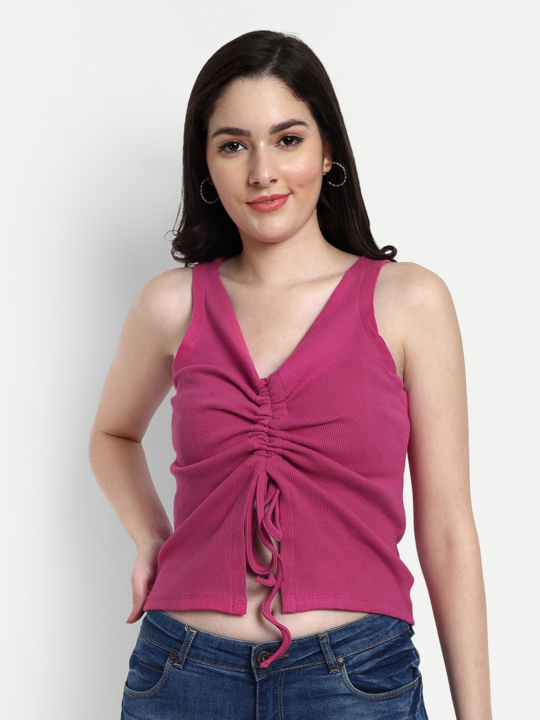 

VISO V-Neck Shoulder Straps Tie Up Ruched Crop Regular Top, Pink