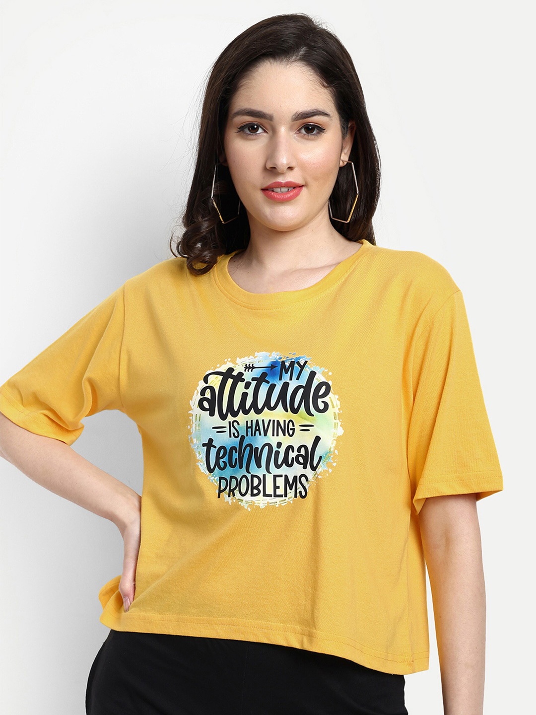 VISO Typography Printed Oversized Cotton Crop T-Shirt, Yellow