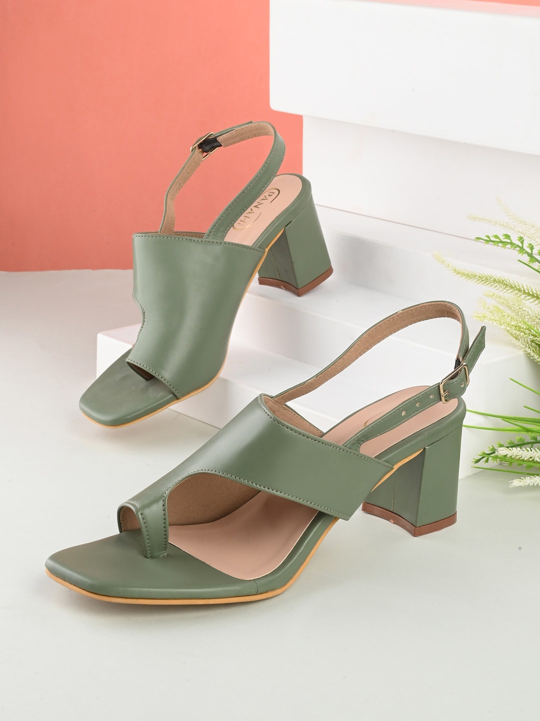 

PANAHI One Toe Block Heel Mules, Olive